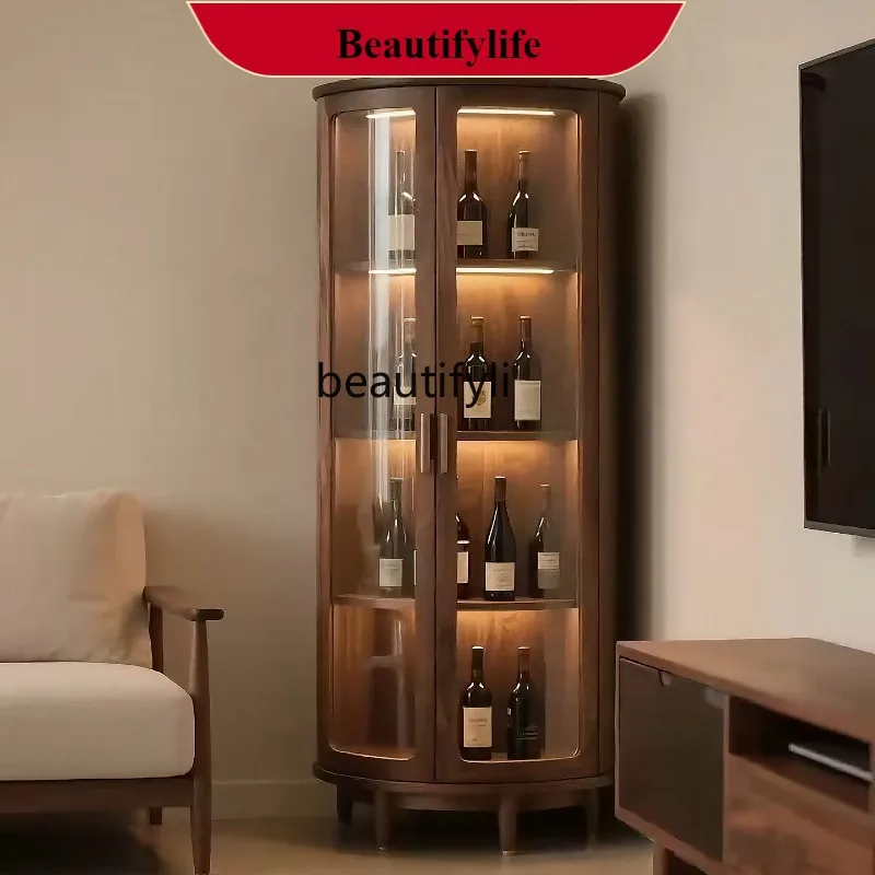 

G1218 Black Walnut Glass Round Wine Cabinet Modern Simple Light Luxury Round Display Solid Wood Decorative Side Cabinet