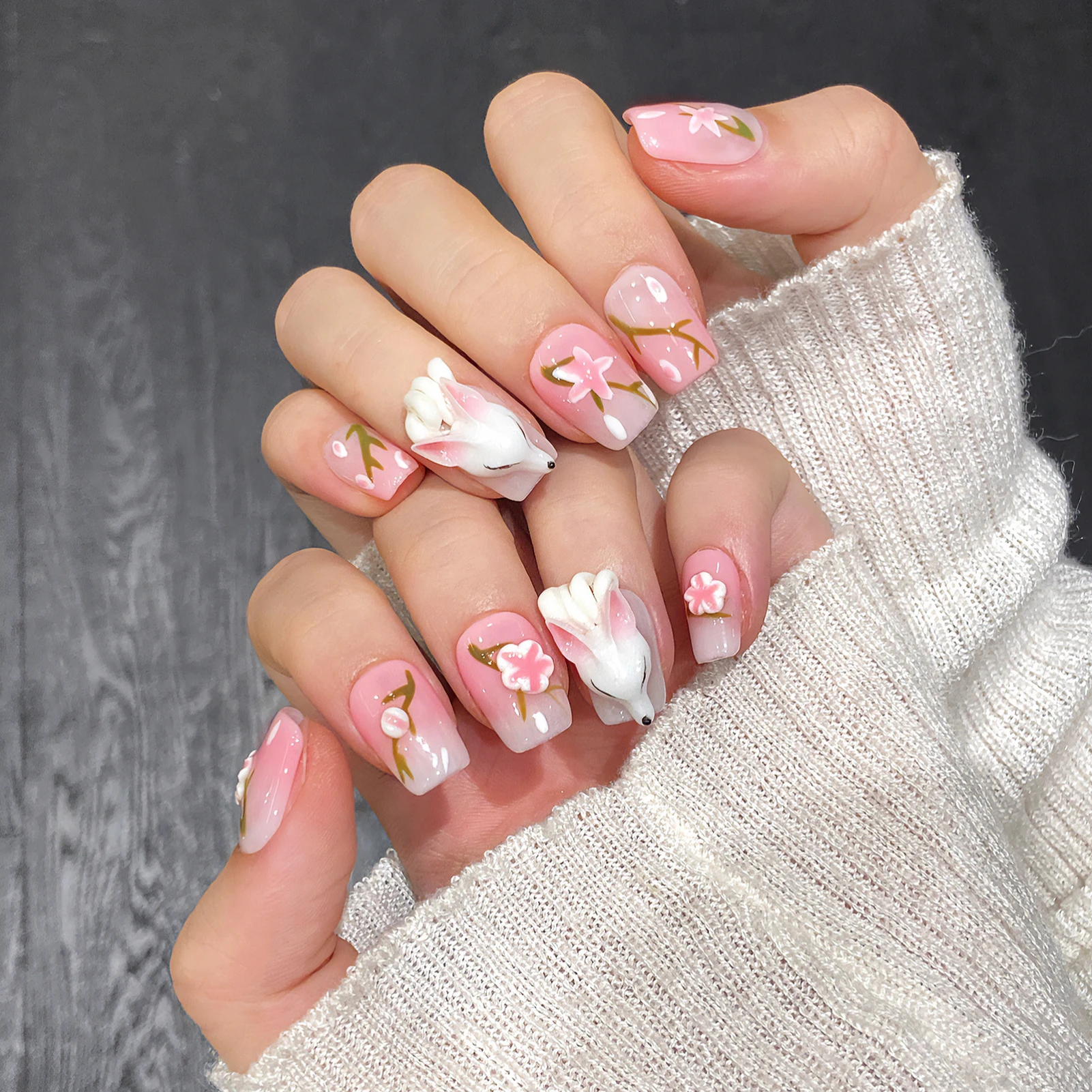 

Handmade Pink Press On Nails With 3D Fox And Flower Full Cover Square Fake Nail For Parties Wearing Korean False Nail Tips