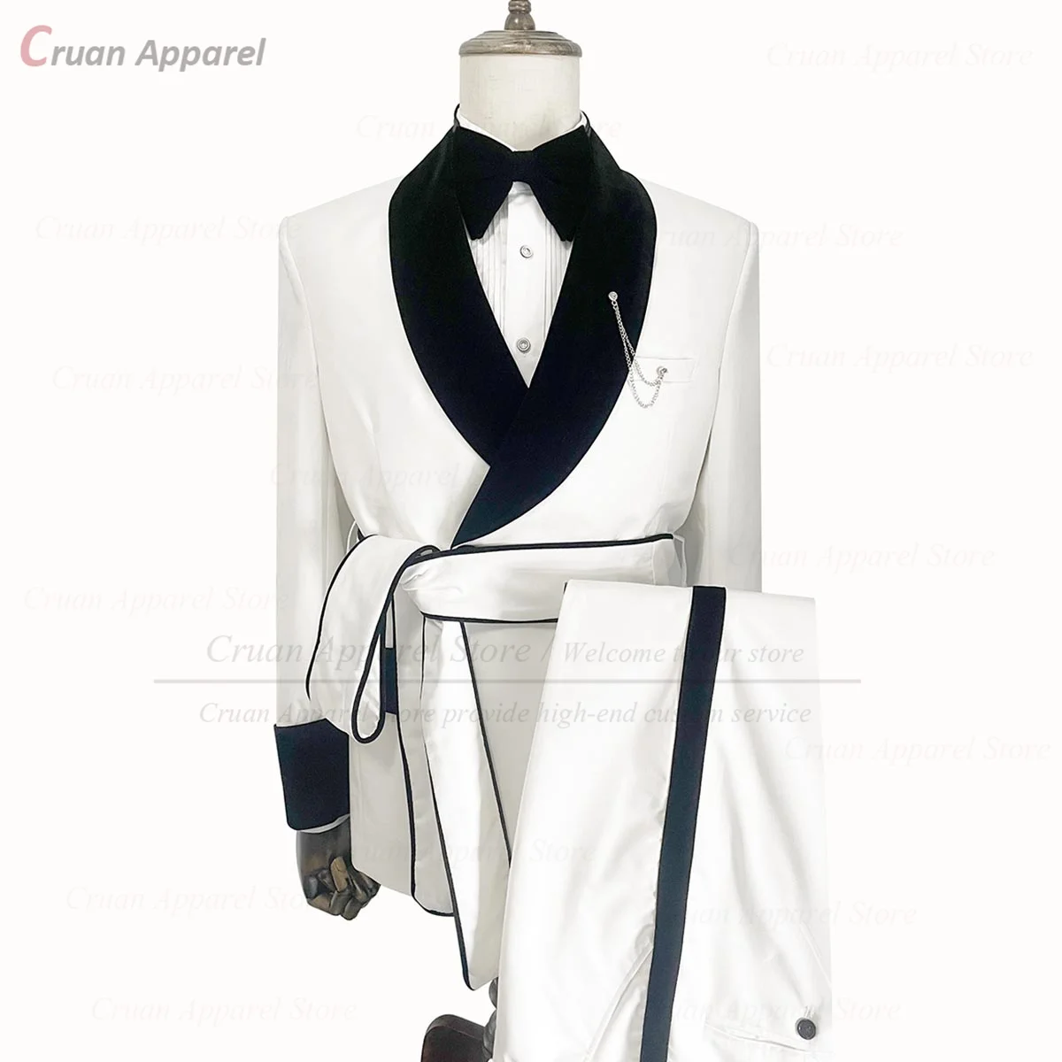 Fashion White Suits for Men 2 Pieces Double Breasted Blazer Pants Belt Set Tailor-made Luxury Velvet Lapel Prom Wedding Tuxedo