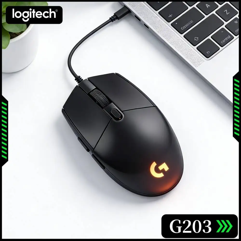 Mouse Gamer com Fio Logitech G203, Conexão USB Sem Complicações, Design Ergonômico para a Palma da Mão, Iluminação RGB, Almofadas Antiderrapantes, par