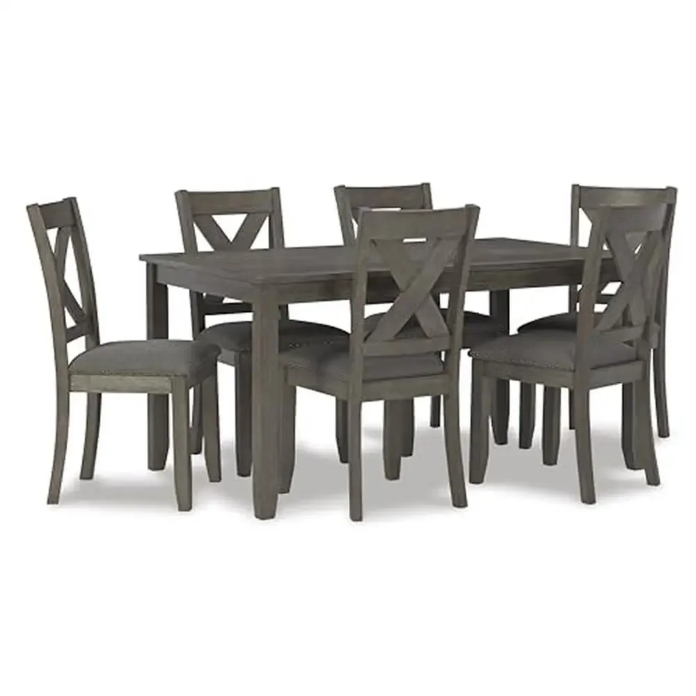 Rustic Dining Set Acacia Veneer Gray X-Back Chairs Nailhead Trim 7-Piece