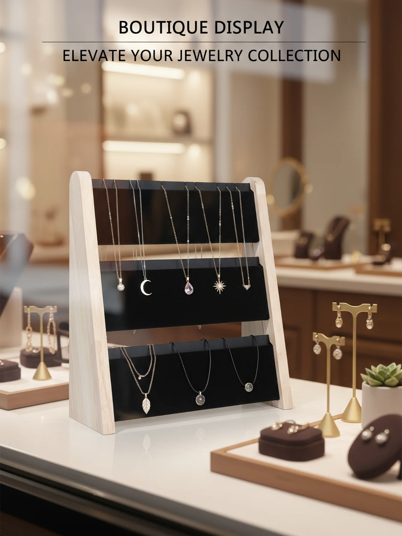 

3-Tier Wooden Necklace Organizer with Black Velvet Lining, 24-Slot Tangle-Free Jewelry Display Stand for Vanity & Boutique