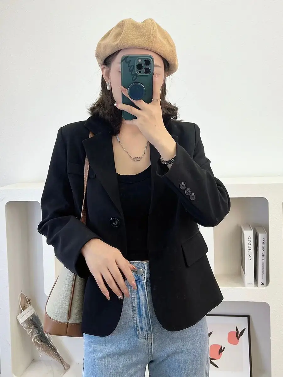 Gerade Business Casual Einfache Büro Dame Lose Blazer Kerb Einfarbig Taschen Taste frauen Kleidung Herbst Winter