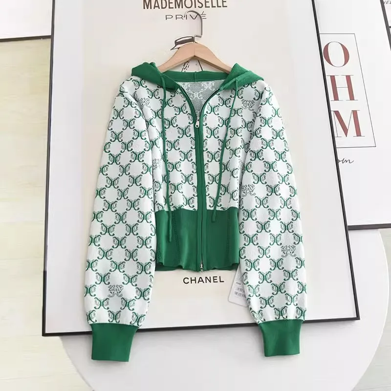 

Women's clothing Spring autumn contrast color drawstring hooded design chic jacquard knit cardigan casual zipper coat sweater