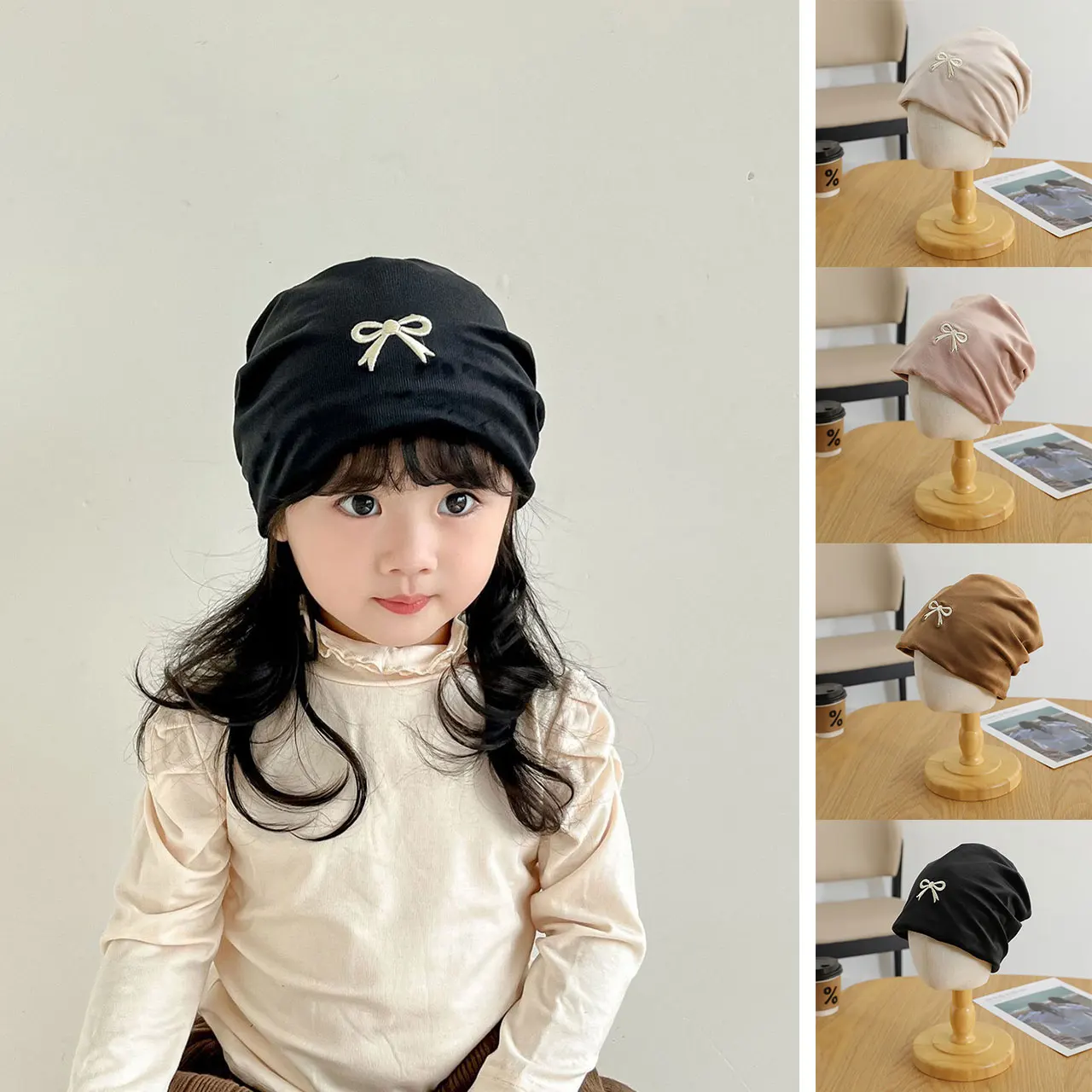 

Fashion Kids Pile Pullover Cap Japanese Girl Bow Beanie Spring Autumn Children Skullcaps Solid Color Baby Elastic Bonnet 2-8Year