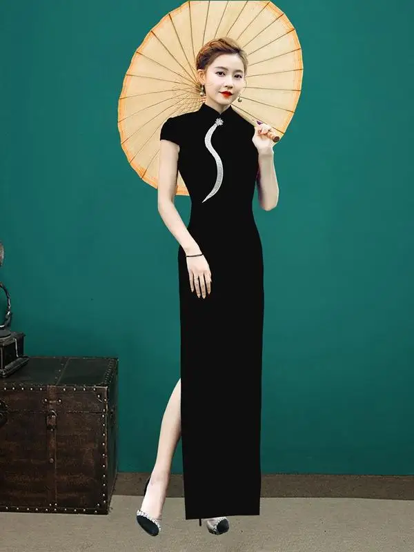 

Элегантное черное шелковое бархатное платье с эффектом стройности, для сценических выступлений и торжественных мероприятий, длинное, в китайском стиле, модное