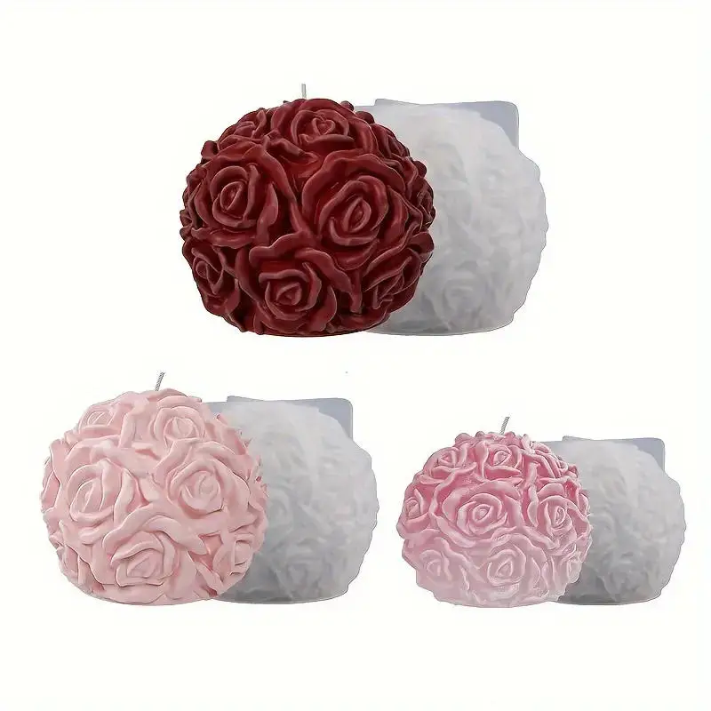 3D Rose Ball Candle Resin Silicone Mold Valentine's Day Silica Gel Mold Arrange The Table Creative Elegant Flower Candle Holder