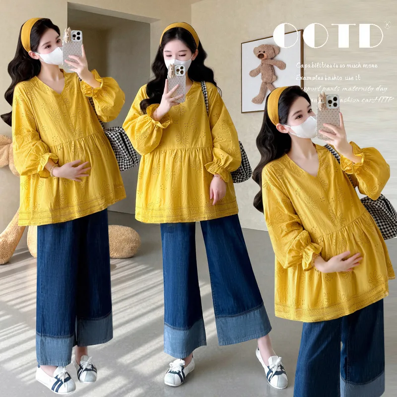 

2025 Lace Embroidered Pregnancy Blouse Autumn Long Sleeve Top Loose Plus Size Comfortable Feminine Chic Maternity Shirt