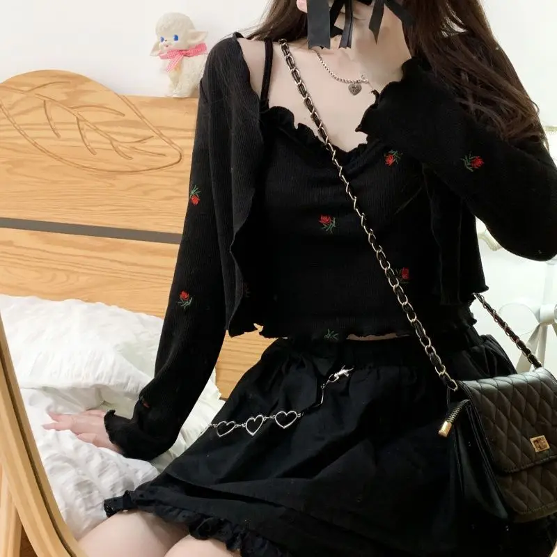 Sweet Embroidery Women Spring Ruffles Sling New Loose Long Sleeved Cardigan Printing V-neck Comfortable Casual Two Piece Set