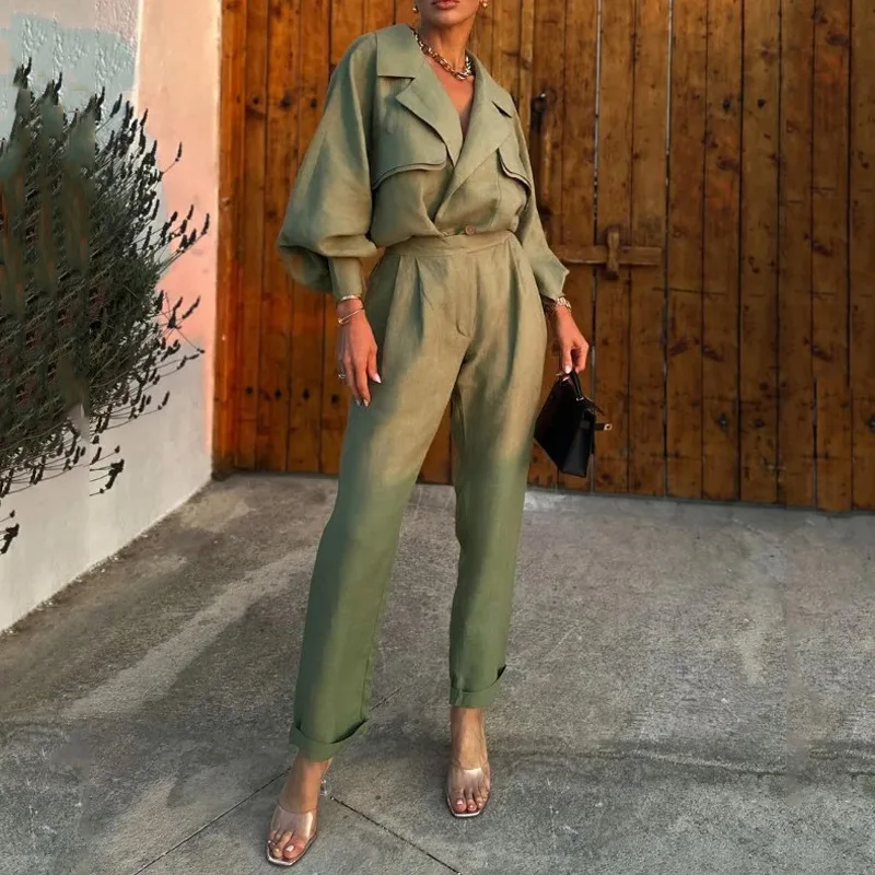 Two Piece Sets Women Pant Set Turn Down Collar Full Sleeve Tops Coats High Waist Long Pants Elegant Splice Slim Fit Summer