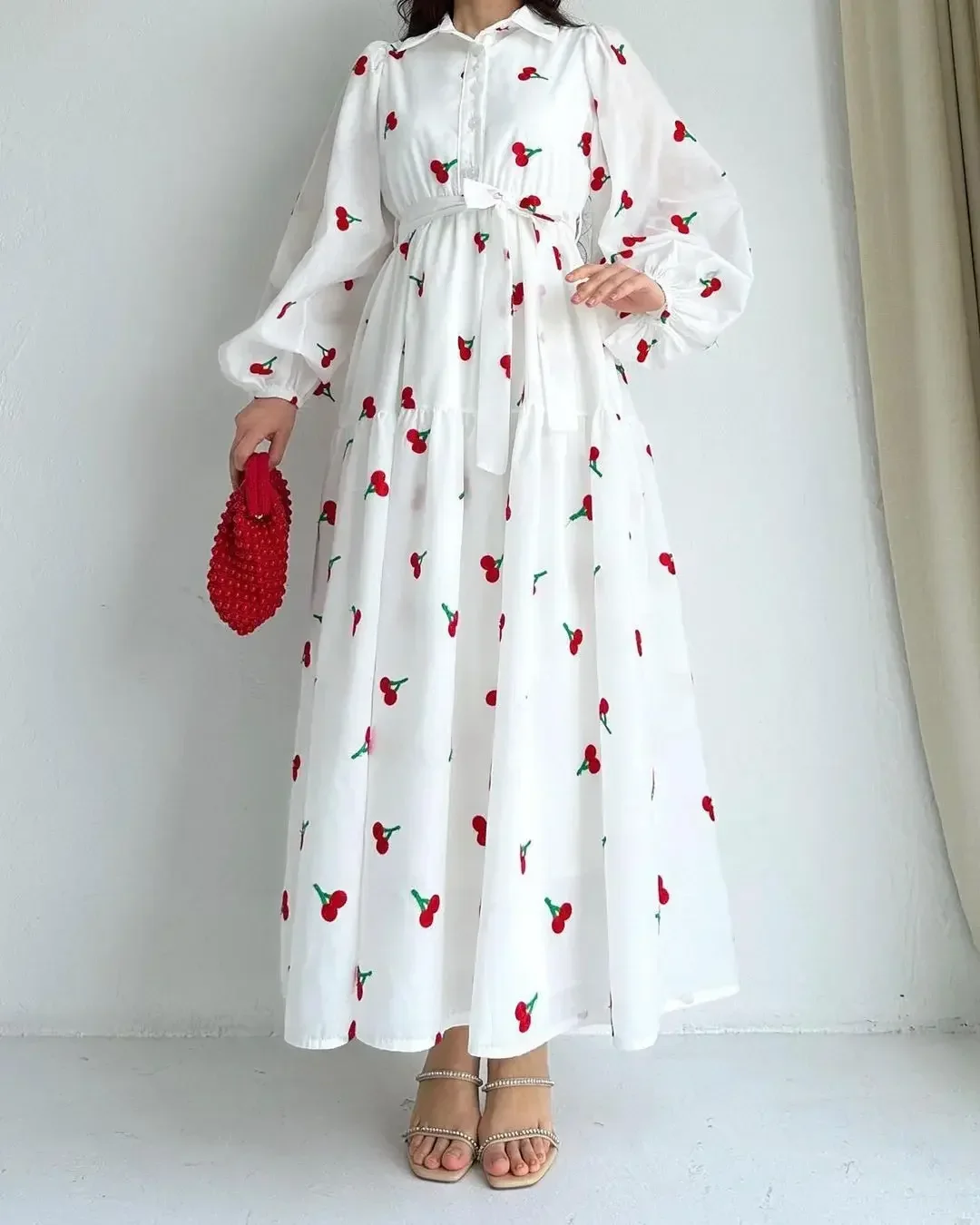 

Long Summer Dress Women Bow A Line High Waist Flower Cherry Print Dresses Sexy V-neck Elegant White Dresses New 2024 Vestidos