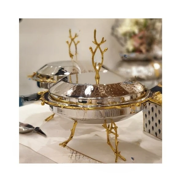 Unique Design Steel And Brass Chafing Dish Premium Quality Round Shape Serving Dish For Wedding Party Used