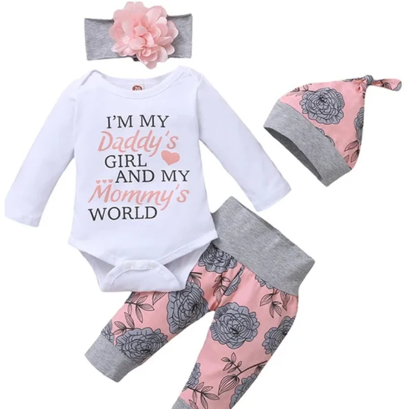 Baby Girl Clothes Set Newborn Outfit 3 6 9 12 Months Infant Girls Clothing Romper Print Pants Hairband Hat Baby 18 - 24 M