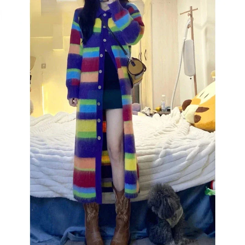 Hikigawa  Chic Fashion Mohair Women Rainbow Striped Knitted Cardigan Long Coats Loose Contrast Color Sweater Outerwear Mujer