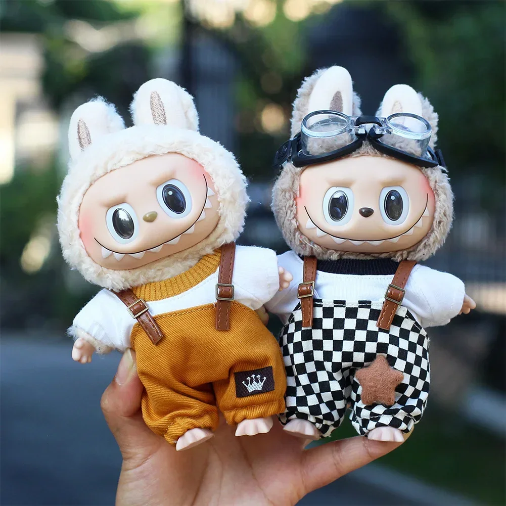 

17cm Labubu Doll Clothing Fashion Hoodie Doll Accessories Dopamine Style Checkered Overalls T-shirt Set