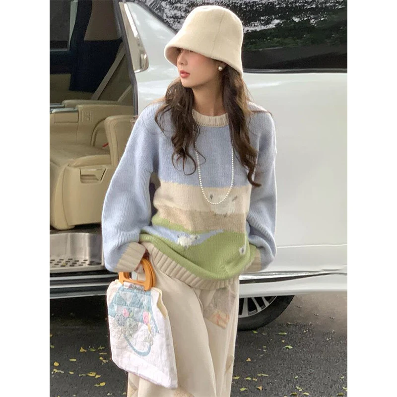 Autumn Winter Fashion Patchwork Jacquard Knitwear Ladies Sweet Preppy Style Long Sleeve Sweater All-match Casual Knitting Tops