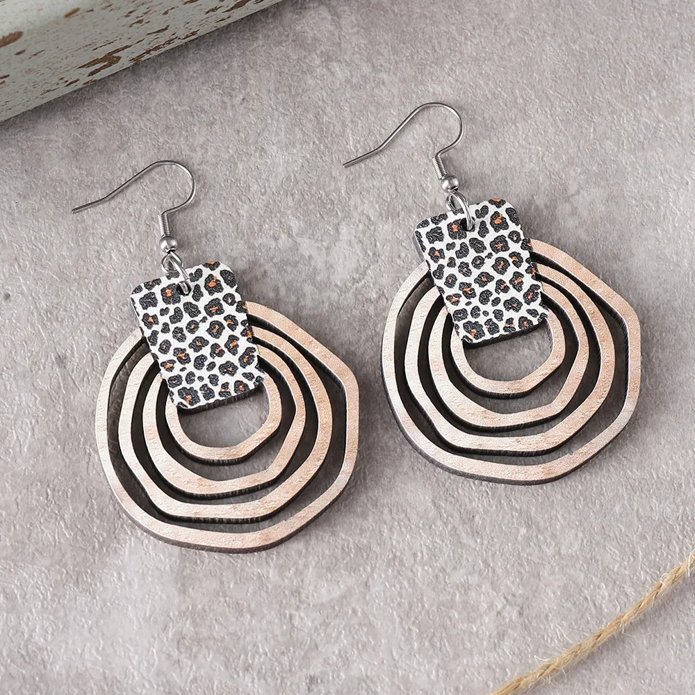 New Bohemian Ring Three Dimensional Leopard Pattern Gradient Hollow Pendant Earrings Wooden Double sided Earrings Gift