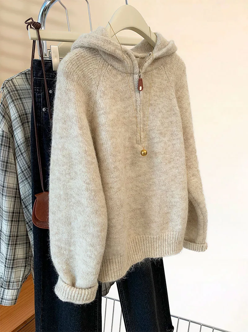 Half Zip Hooded Sweater for Women Autumn Winter New Long Sleeved Thick Knitted Tops Solid Color Warm Female Pullovers