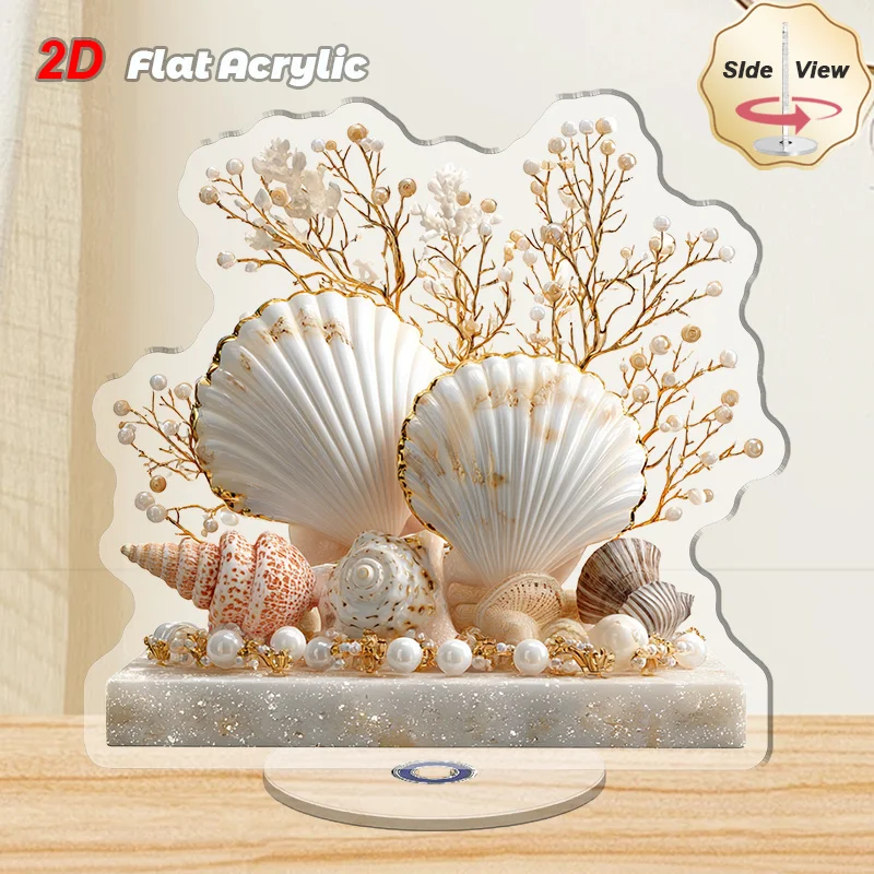 2D Flat - 2D Plane - A Rotating 2D Acrylic Tabletop Decoration, Featuring a Large White Scallop Shell with Golden Trim, Perfect