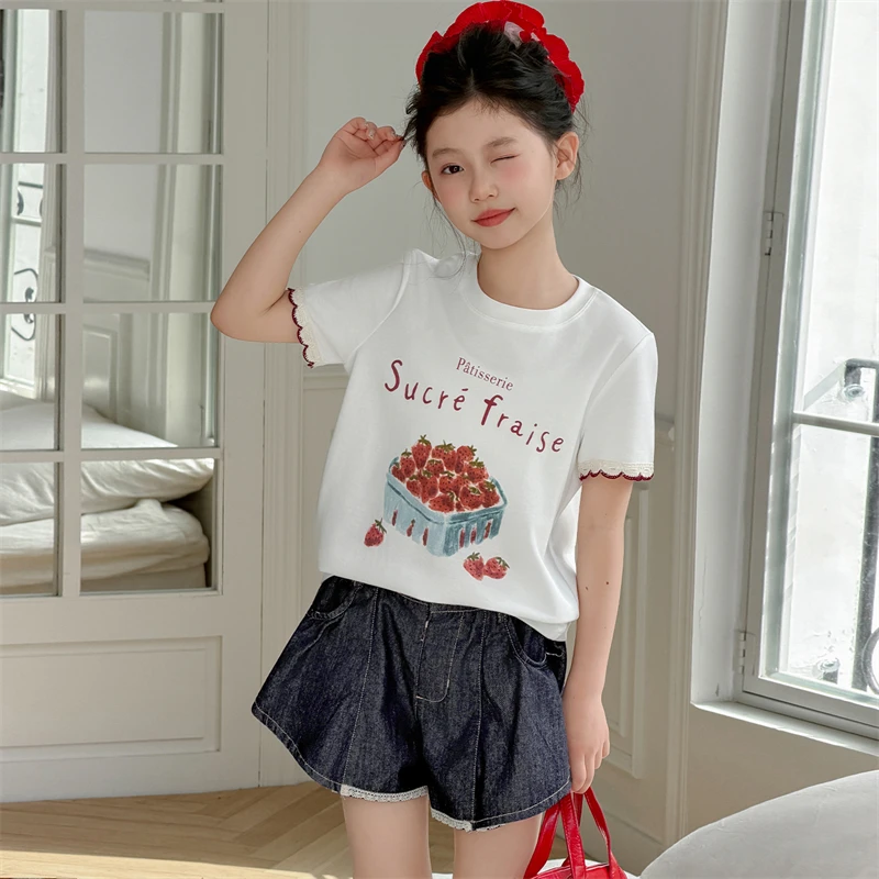 Children Clothes Girls Summer Sweet Cute 2026 Strawberry Print Short Sleeve T Shirt and Denim Shorts 110-170cm 15-50kg