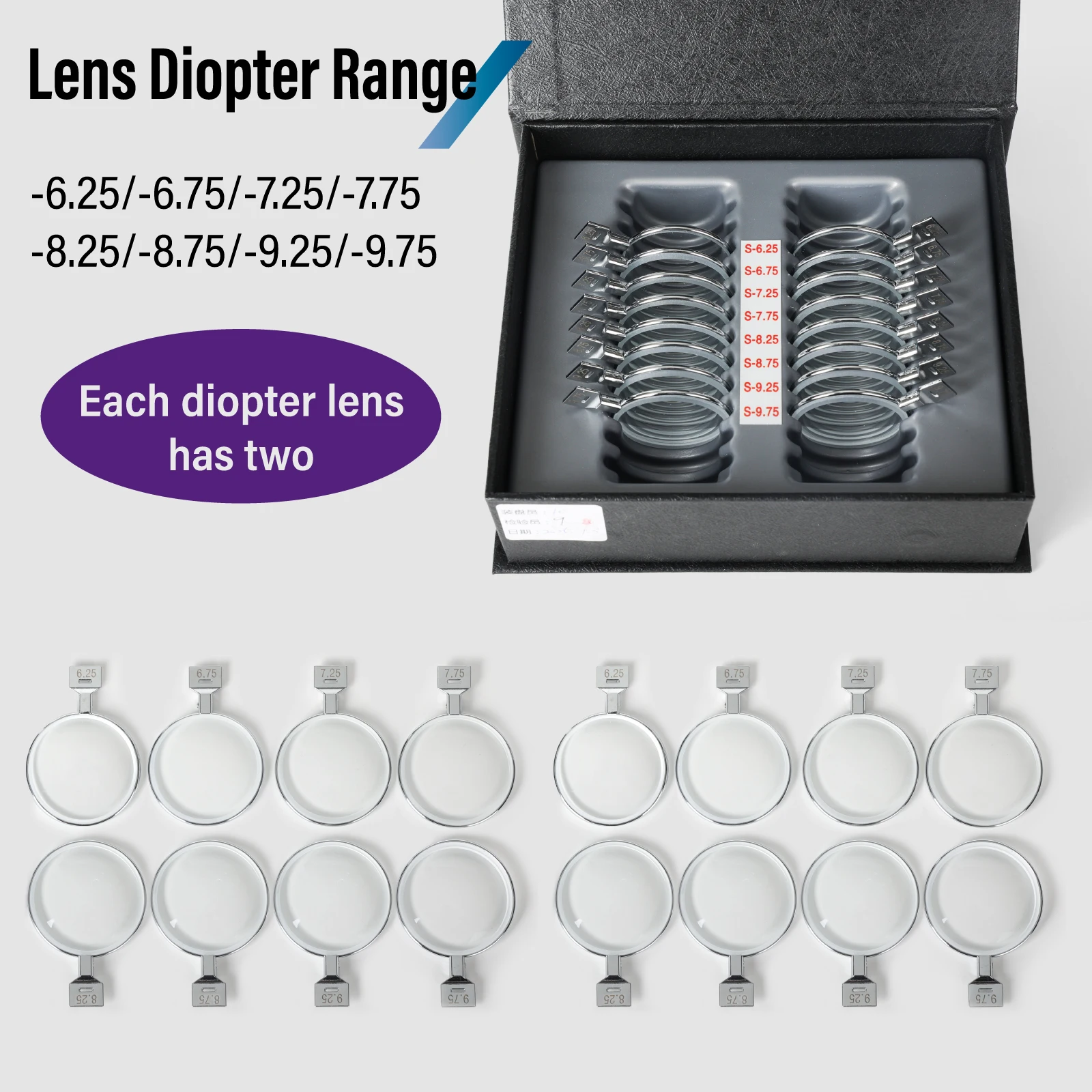 Professional 16 Pcs Trial Lens Set for Eyewear | -6.25 to -9.25D Sphere Metal or Optometrists, Ophthalmologists, Eyewear 16B1