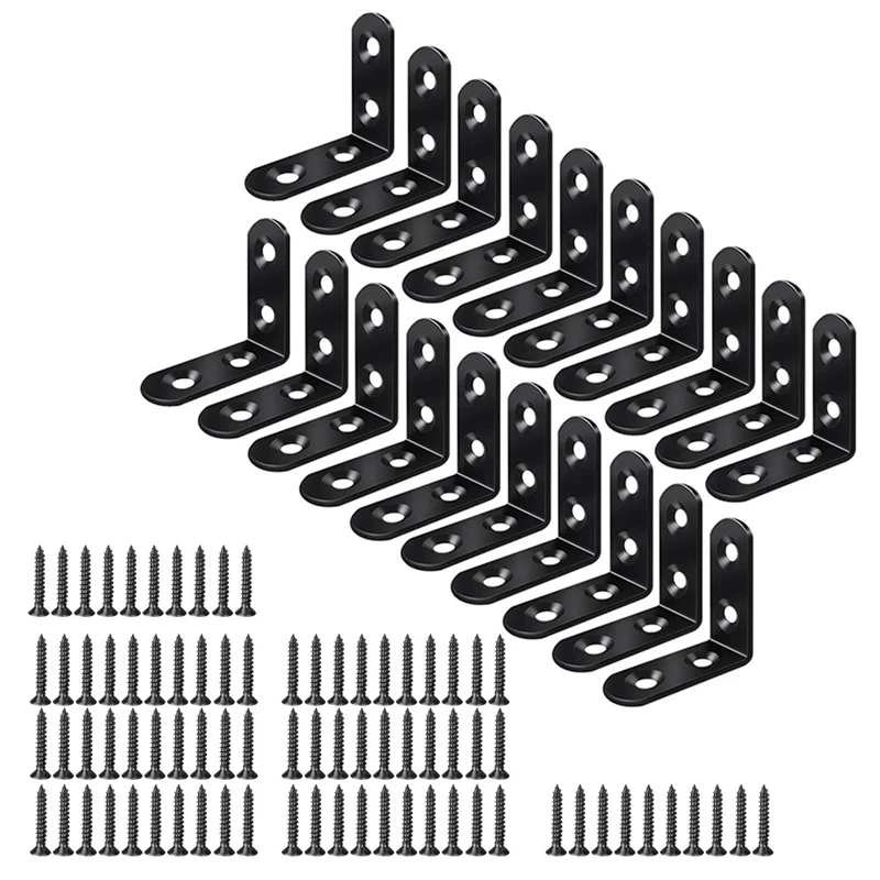 Support d'angle en L AB47-20PCS, supports en L en acier pour étagères, attelle d'angle en métal pour armoire de meubles en bois noir