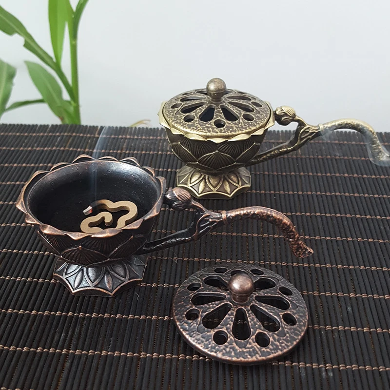 Lotus Flower Incense Burner With Handle Retro Copper Lotus Hollow Out Incense Stick Burner Brass Small Metal Craft Home Decor