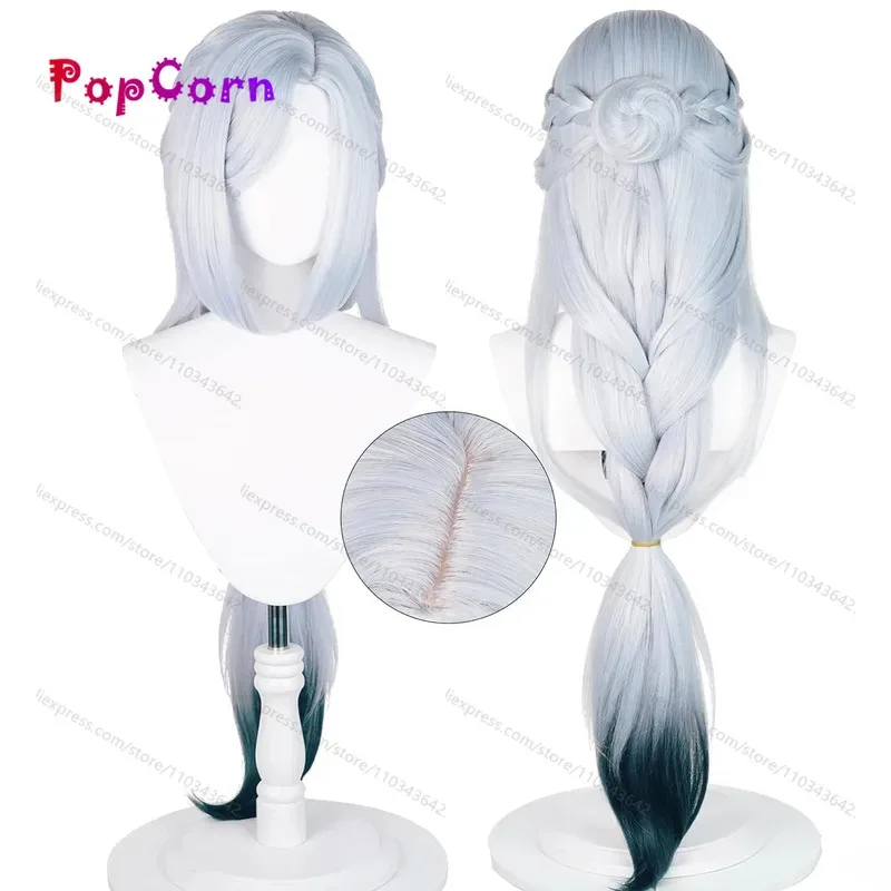 2025 فانوس طقوس ShenHe Frostflower الندى 100 سنتيمتر طويل الفضة الأزرق التدرج شعر مستعار تأثيري أنيمي مقاومة للحرارة الاصطناعية