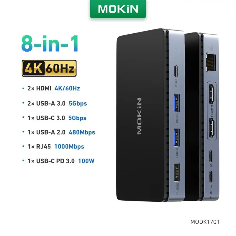 Top USB C Docking Station Dual DisplayPort,8 in 1 Laptop Docking Station Dual Monitor with 2 DP 4K@60Hz,Gigabit Ethernet,100W PD