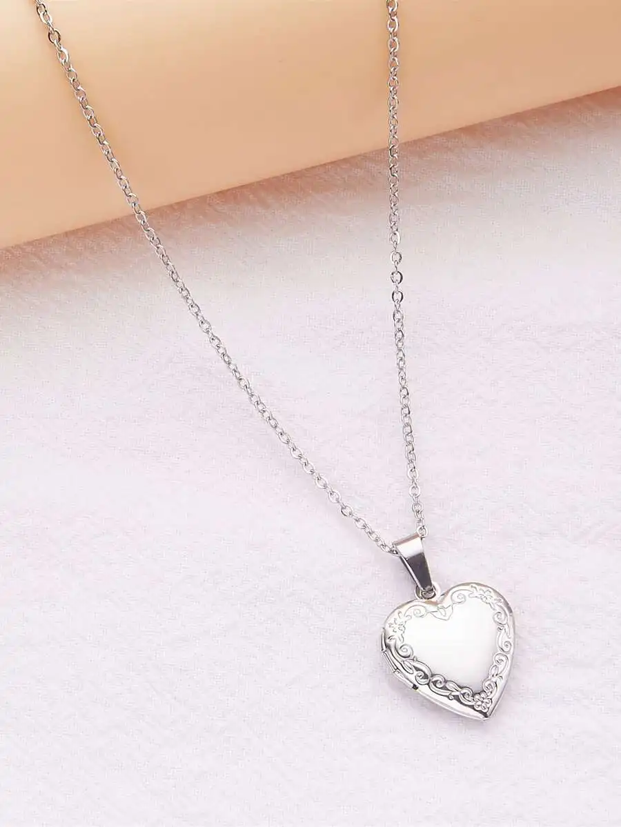 1pc Fashion Stainless Steel Heart Photo Frame Box Pendant Necklace For Women For Daily Decoration Valentines,Mom,Mother,Mother's