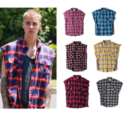 Justin Bieber Streetwear Hip-Hop Oversize Flannel Plaid Sleeveless Shirt Mens Youth Hip Hop Loose Retro Side Zipper Tartan Shirt