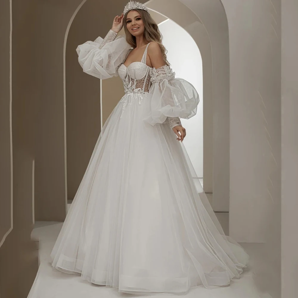 

Beautiful Off Shoulder Fluffy Sleeve A-line Mopping Wedding Dresses Bridal Gown Appliques For Elegant Women New 2023 Custom Made