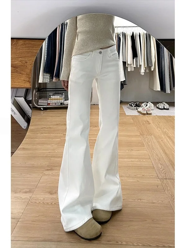 

White Flared High Waist Jeans Women's Spring Autumn 2026 New plus Size Slimming Long Pants Casual Style Cotton Stretch Denim