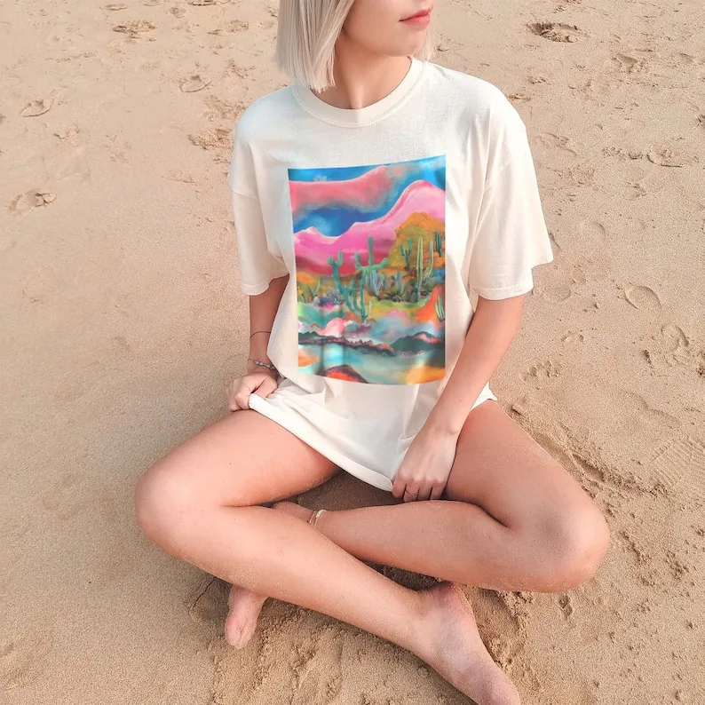 Surreal Desert Dreamscape Tee | S-3XL Psychedelic Cactus Shirt | Comfy Hippie Clothing for Southwestern Nature Lovers