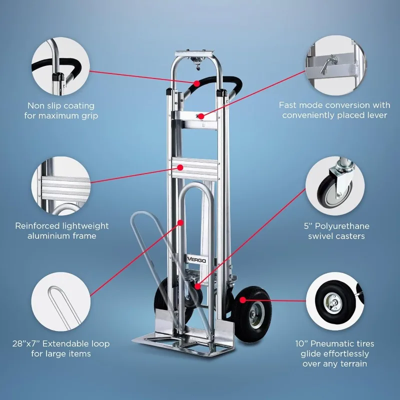 Industrial Convertible Hand Truck - AS7A2 Heavy Duty Aluminum 3 in 1 Dolly (750 lb Capacity) Lightweight Frame