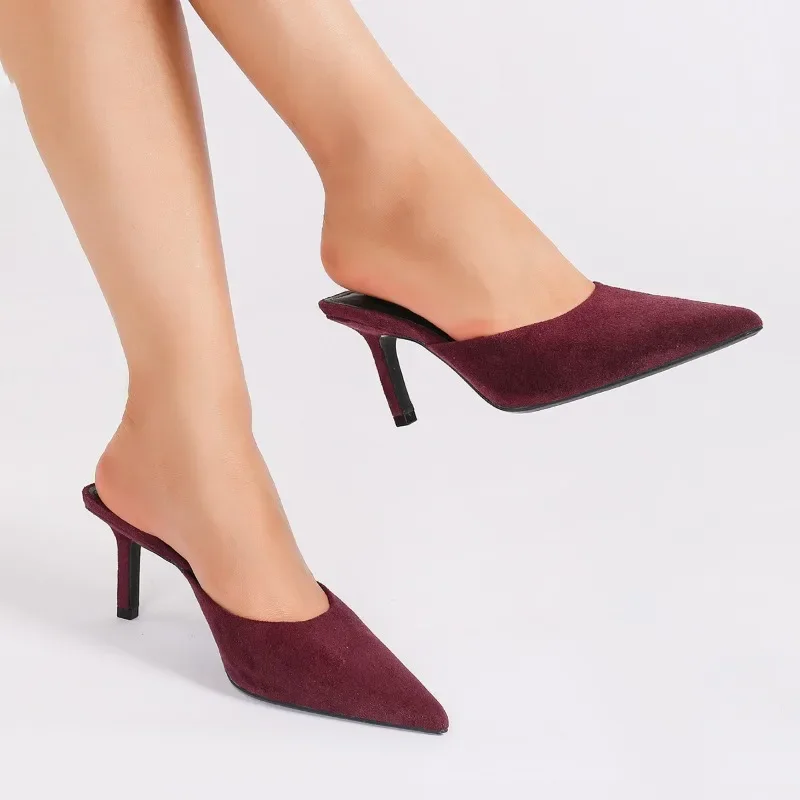 Elegant Suede Mules Women High Heels Slippers 2026 New Comfort Sandals Women Pumps Concise Pointed Toe Slides Heels for Ladies