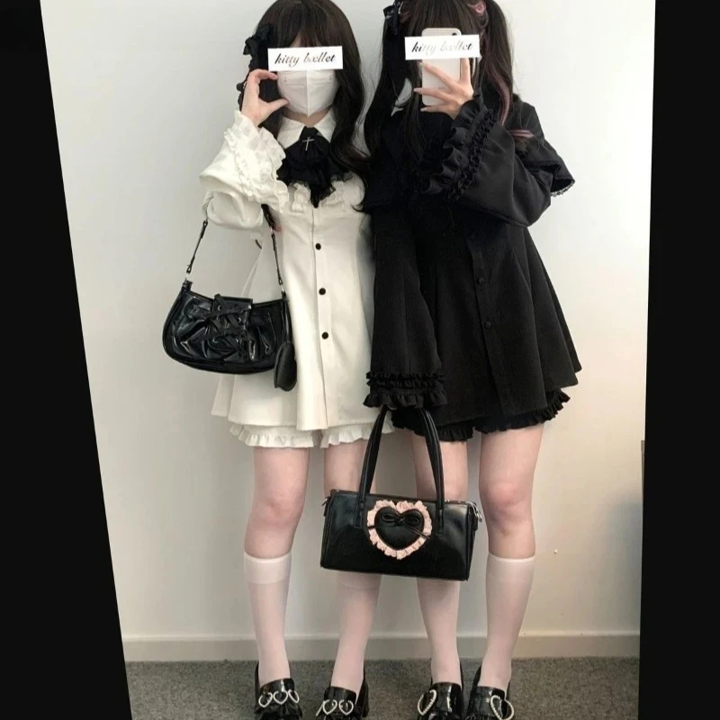Frauen Japanische Y2K Ästhetik Vintage Bogen Kleid Shorts Set Gothic Lolita Stil Langarm Hemd Kleid Elegante Party Kleid Anzüge