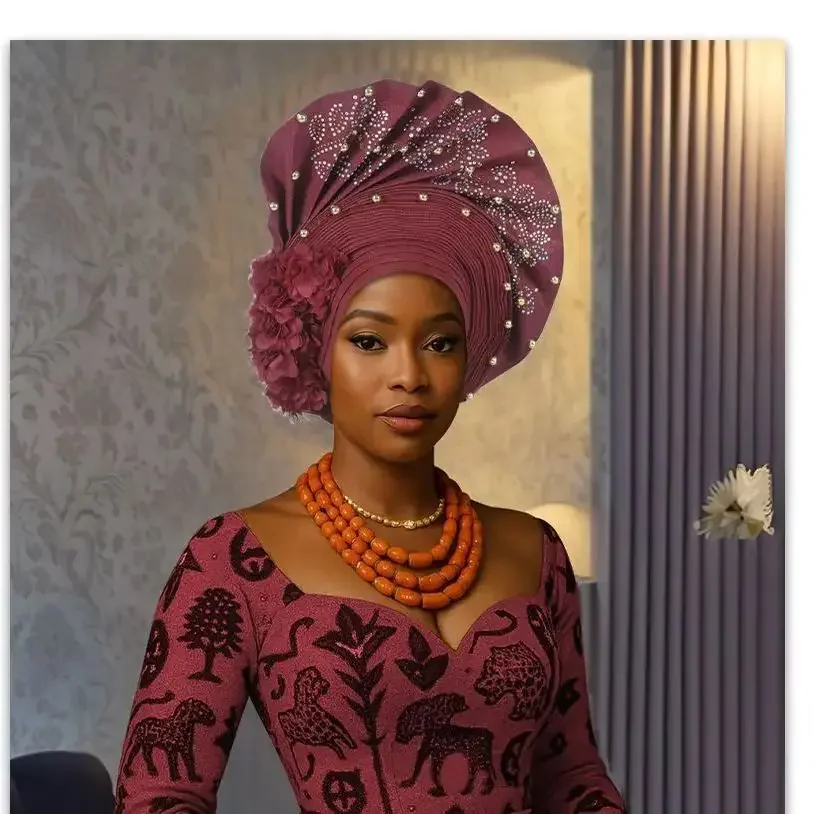 

Women African Aso Oke Auto Gele Headtie Muslim Turban Hat Head Wrap Cap Nigeria Party Wedding Headwear High Quality Hijab Bonnet