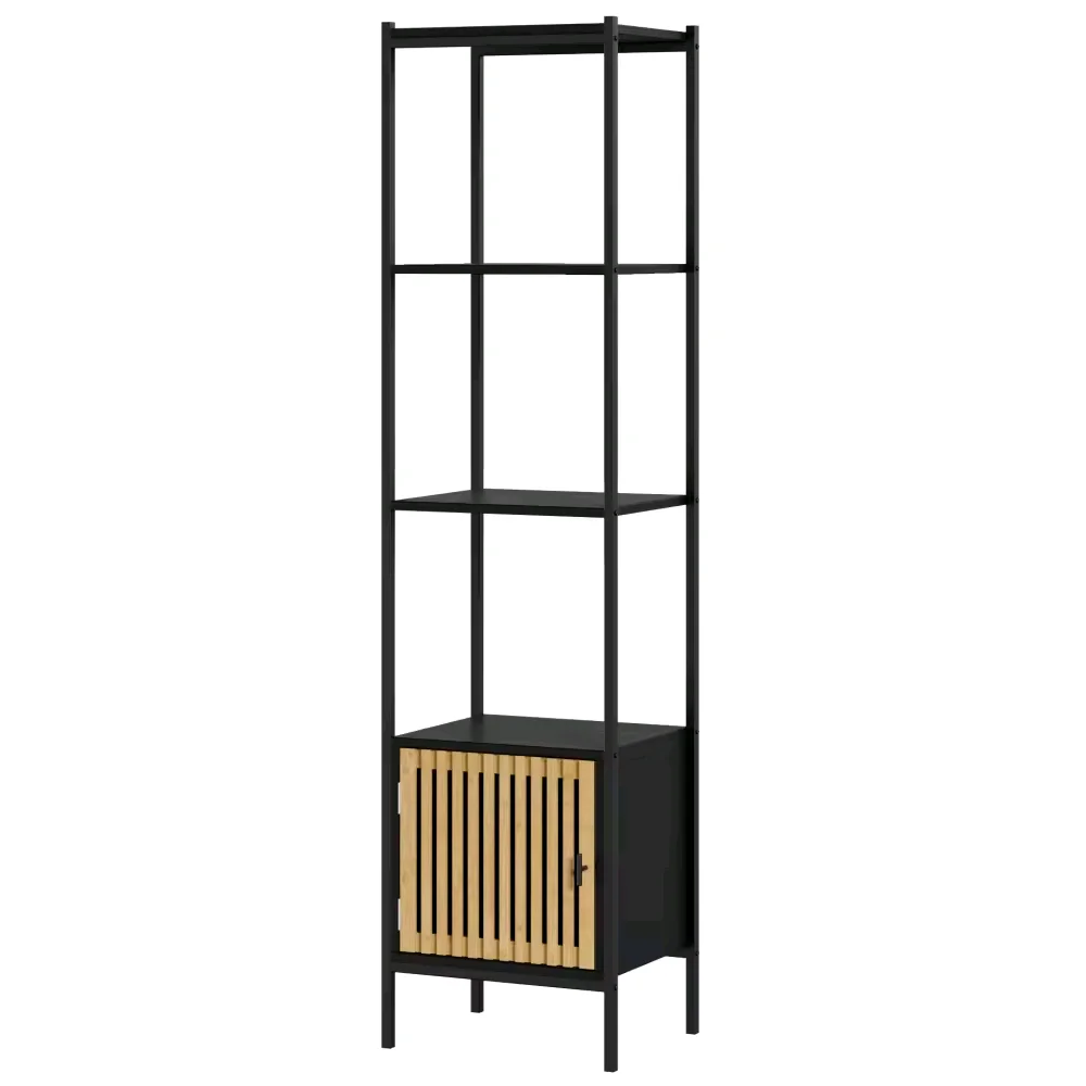 !@Combohome Wood and Metal Bookcase, Living Room Corner Shelf with a Cabinet,Black/wood