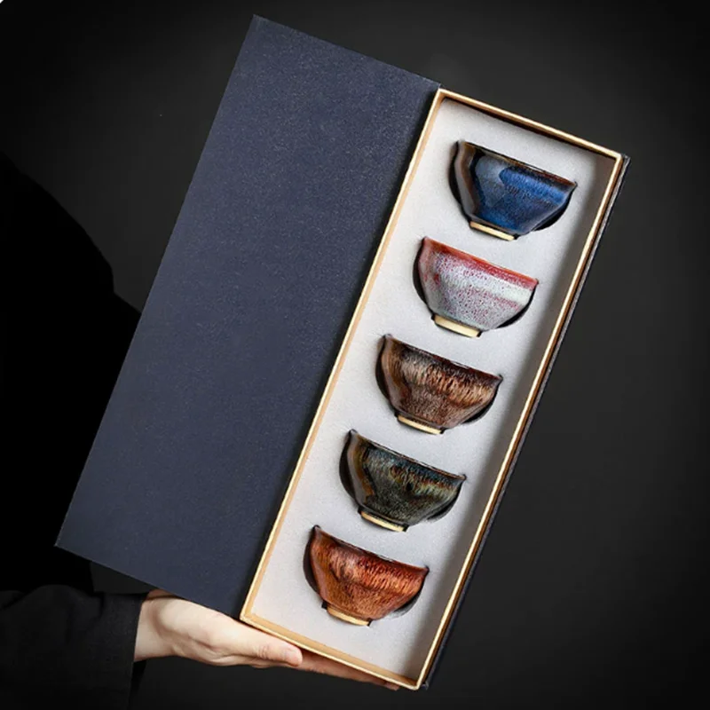 Chinese Retro Kiln Turned Ceramic Tea Bowl, Five Element Cup, Ceramic Construction Cup, 5-color Tea Cup, Gift Box, Tea Set