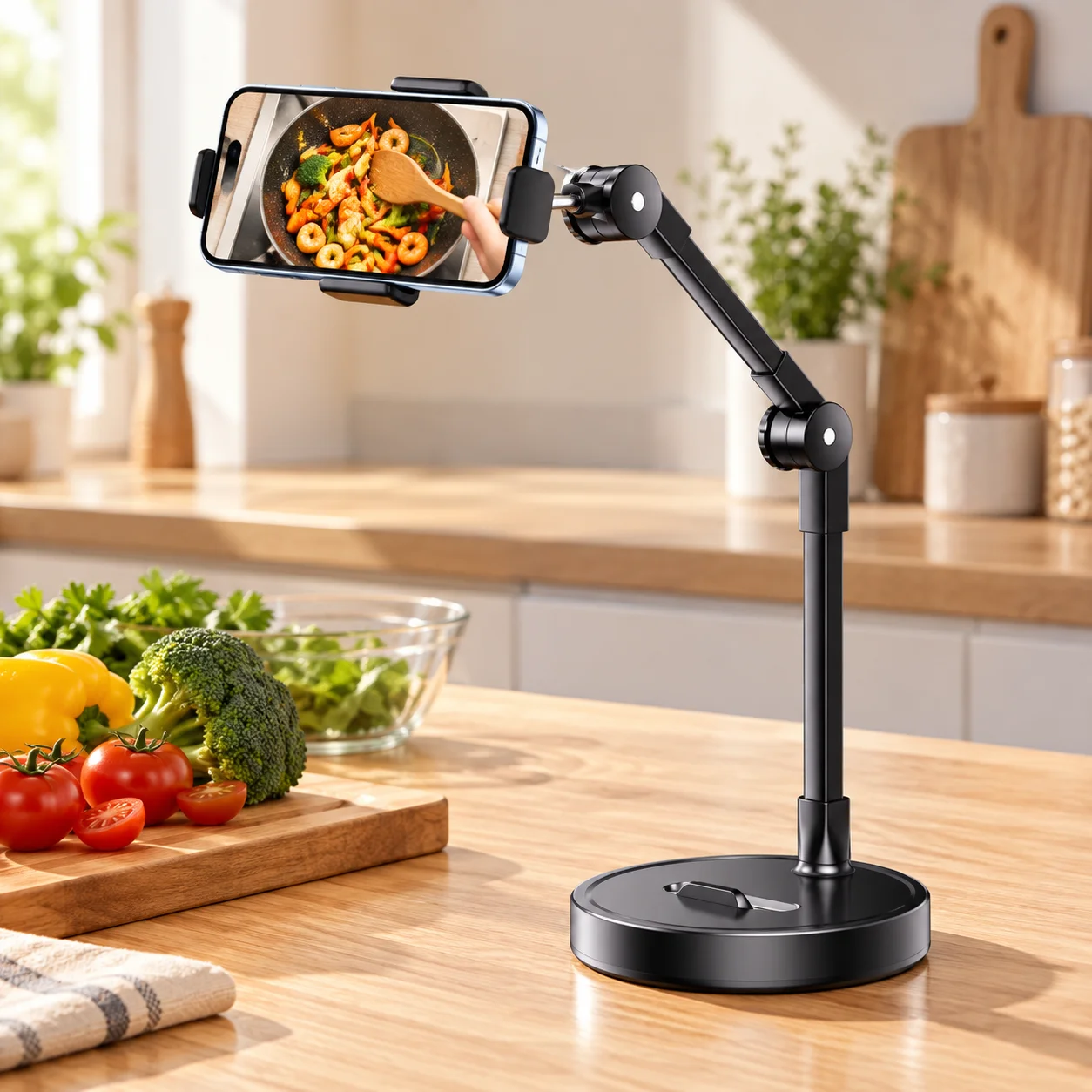 Adjustable Folding Desktop Phone Stand with Telescopic Arm, Rotating Holder for Video Calls, Cooking and Live Streaming - view 2