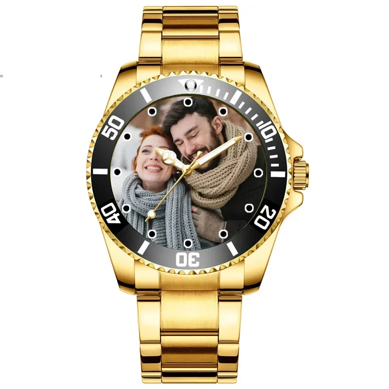 Gouden Mannen Horloge Custom Foto Horloge Roestvrij Staal Afdruk Klok Logo Foto Aangepaste Foto 'S Polshorloge Polshorloge