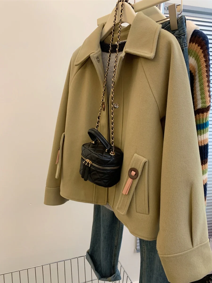 معطف صوفي كوري أنيق مضاد للشيخوخة متعدد الاستخدامات بياقة للنساء، معطف خريفي وشتوي ناعم وفضفاض بمقاسات كبيرة