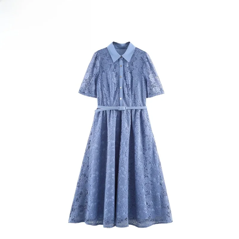 

Ele Faionable Heavy Embroidery Lace Dr Women's Fairy Skirt Sle Polyester Fiber ort Sve Turn-down Collar Casual