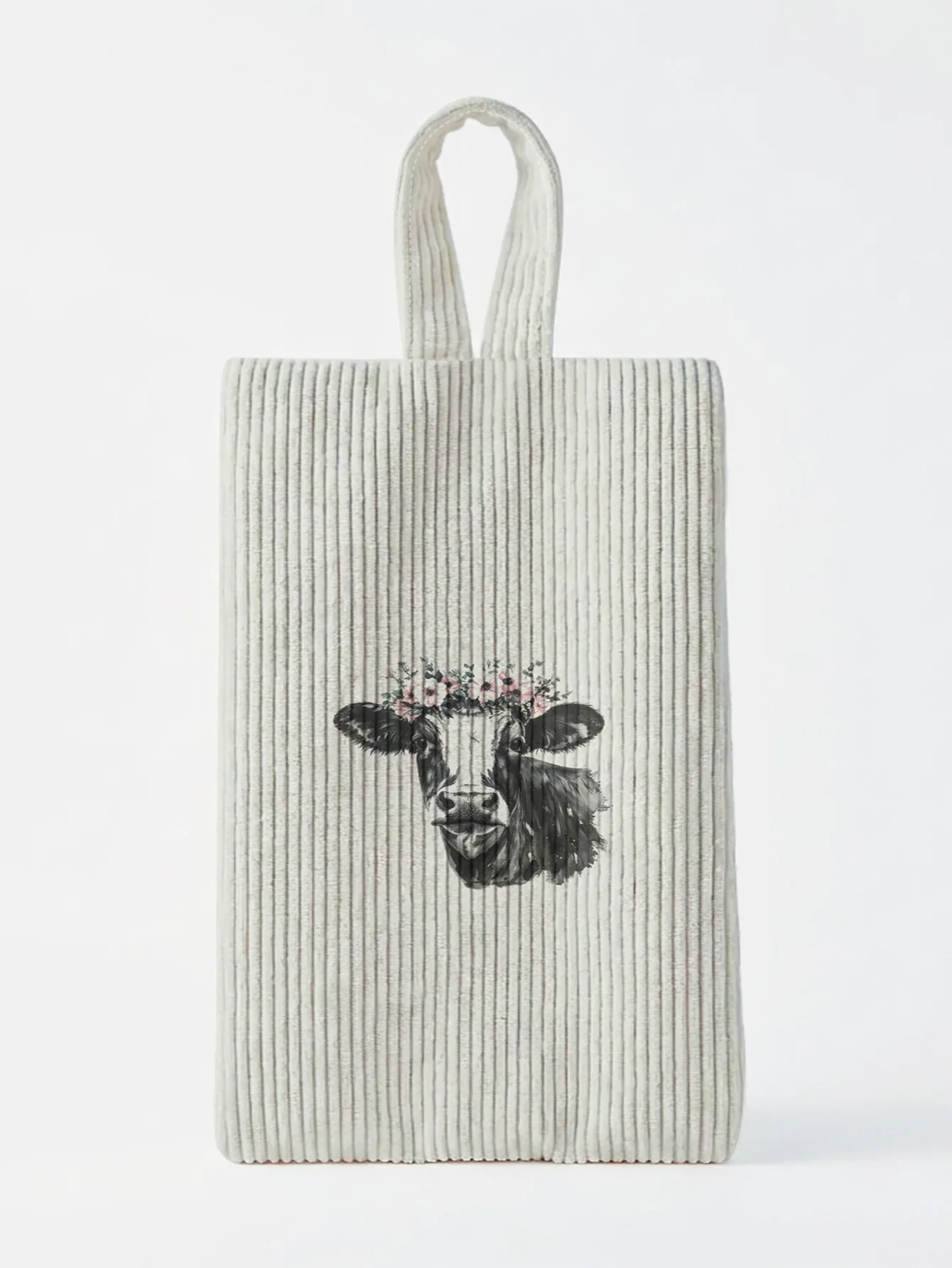 Floral Cow Print Corduroy Vertical Storage Bag, Handheld Fabric Organizer for Underwear and Socks