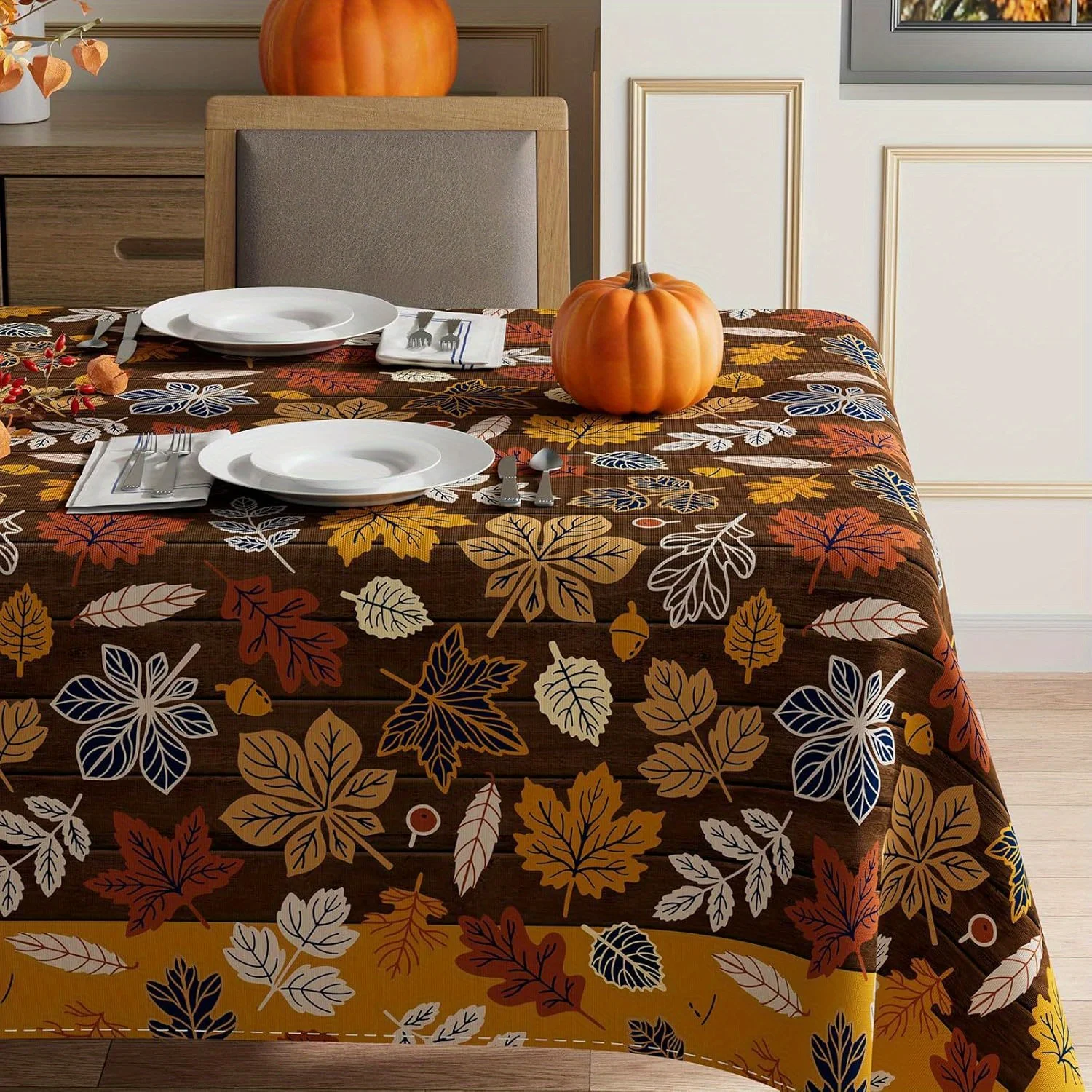 1pc Brown-bottomed Autumn Leaves Thanksgiving Tablecloth, paired with geometric vases, with a retro and sophisticated feel.zyc