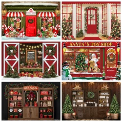 Red Christmas Photo Backdrop Santa's Toy Shop Candy Cane in Snow World Xmas Family Holiday Party Banner Photography Background