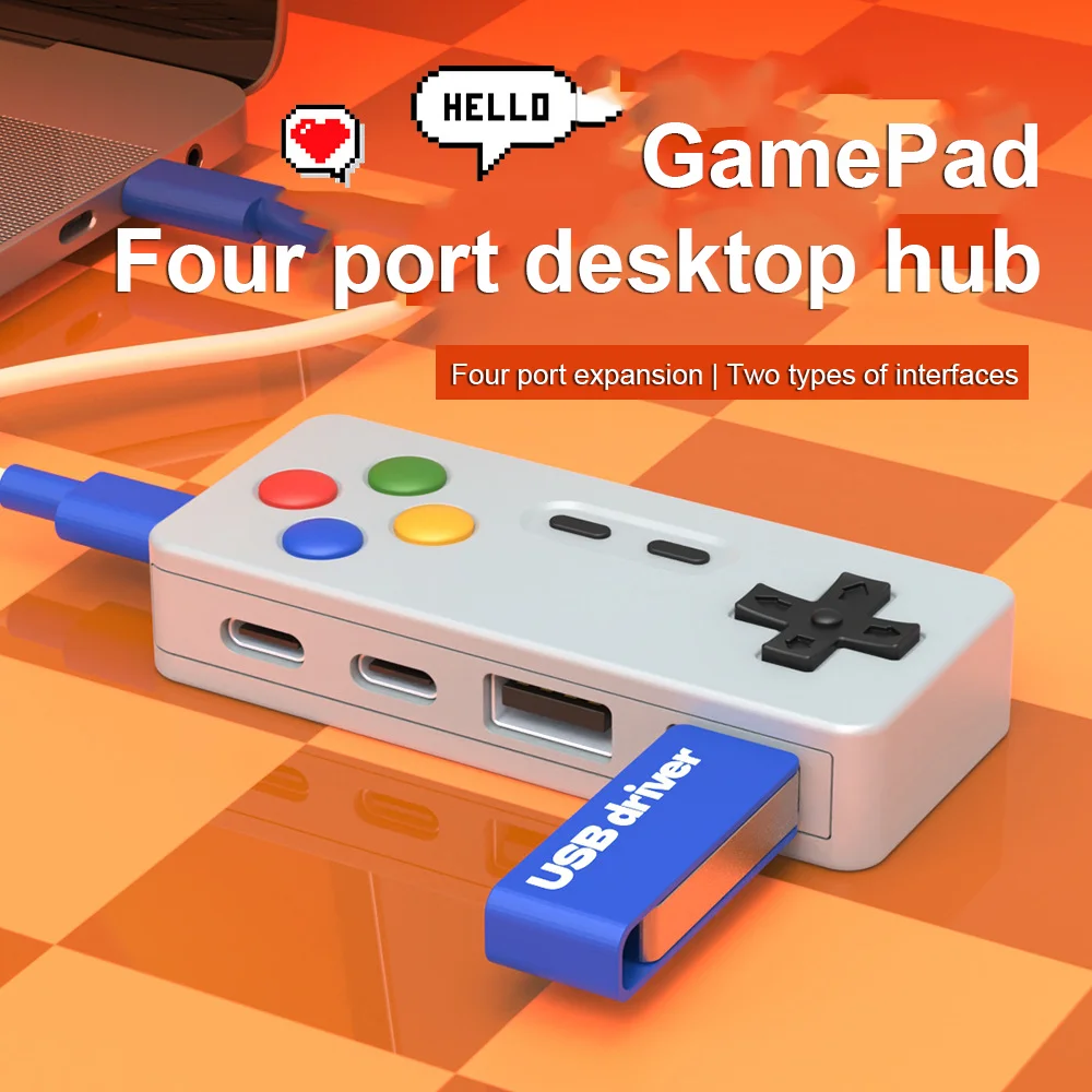 4 In 1 Type-C USB 2.0 HUB with 2 Type C and 2 USB A Port Expansion GamePad Design Mouse Keyboard Cartoon USB Converter Connector