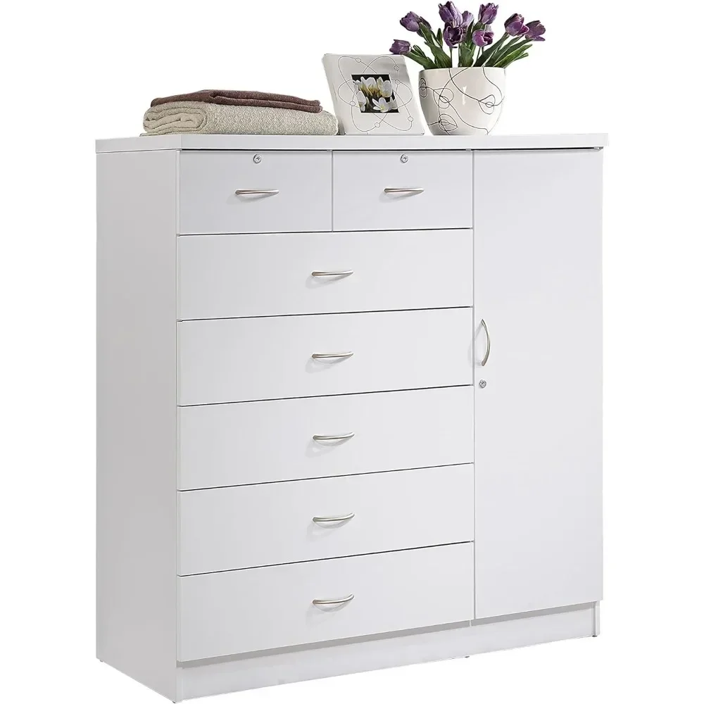 

7 Drawer Jumbo Chest, Five Large Drawers, Two Smaller Drawers with Two Lock, Hanging Rod, and Three Shelves for Bedroom, White