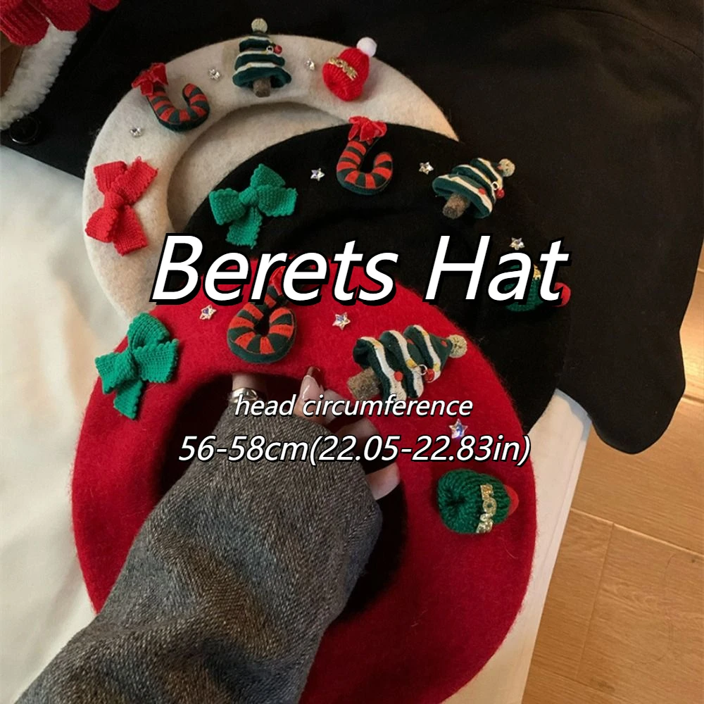 Fashion New Year Christmas Beret Cap Red Green Sweet Christmas Beret Hat Wool Felt Dress Up Xmas Painter Hat Women